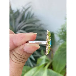 925 Silver Blue Topaz Peridot <b>Cocktail</b> <b>Ring</b> Vintage Romantic Style <b>Gold</b> Plated Inlay Lover's Shape Free Gemstone for Parties - Product Image 4