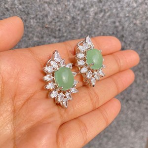 Mint Green Diamond <b>Earrings</b> Statement Studs Green <b>Onyx</b> CZ Jewelry White Rhodium Plated Brass Wedding Gift for Women - Product Image 2