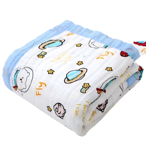 Couverture de bébé sur le thème de l'espace amusant avec motifs de planètes et de fusée Garniture bleue Mousseline respirante pour bébés Modifier Partager - Product Image 1