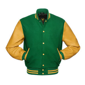 Chaqueta Bomber Universitaria GoldSleeves-Kelly Green con Mangas de Cuero, Chaqueta Universitaria con Letras Bordadas, Chaqueta Universitaria de Cuero con Letras Bordadas - Product Image 1