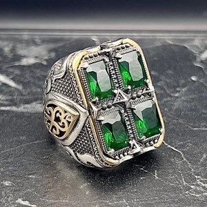 Men's Large Green <b>Ring</b> Unique Gift Statement Sterling Silver Gemstone Jewelry for Him Hip Hop Anniversary Birthday Gift Idea - Product Image 1