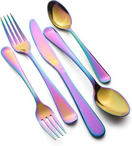 Venta caliente Rhiannon 20 piezas Arco Iris espejo champán satén juego de cubiertos tamaño personalizado cubiertos cuchillo para comida fiesta vajilla - Product Image 1