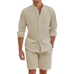 Conjunto de Dos Piezas de Ropa Casual de Playa para Hombre, Primavera, Algodón y Lino, Camisa Cómoda con Botones, Mangas Largas, Pantalones Cortos de Secado Rápido - Product Image 2