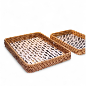 Natural <b>Rattan</b> Mother of Pearl Serving Tray Handmade for Snack Serving Kitchen <b>Dining</b> and <b>Table</b> Use - Product Image 2
