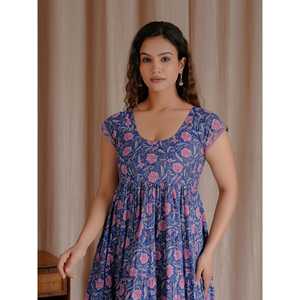 Vestido Azul de Algodón Mulmul con Estampado a Mano, Estilo Casual, Elegante, Gótico, para Oficina, Tallas XS-5XL, Transpirable y Moderno para Club, ODM - Product Image 1