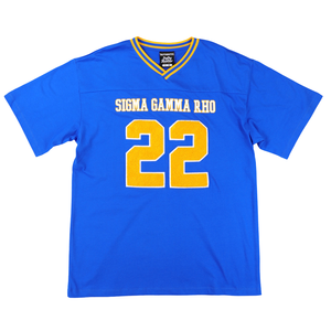 Sigma Gamma Rho Oversized Football Jersey Tee Royal Blue Womens Greek Letter Shirt SGR Chenille Number Top Casual Fit - Product Image 1