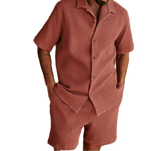 2026 Wholesale Custom Front Logo Breathable Solid Knitted Waffle Polo <b>Shirt</b> and Shorts Casual <b>Summer</b> Set <b>for</b> <b>Men</b> - Product Image 1