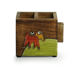 Porte-couverts et papeterie Elephant Tales avec porte-cure-dents 3 cloisons Porte-ustensiles en bois de manguier peint à la main - Product Image 5