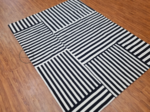 Patchwork Wool <b>Rug</b> | Handwoven Wool Kilim <b>Rug</b> | White <b>Black</b> Striped Living Room Bedroom Dining Room Kids Room <b>Rugs</b> - Product Image 4