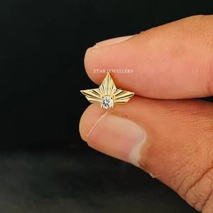 14K Solid Gold Natural Diamond Half Lotus Stud <b>Earring</b> Fine Jewelry. - Product Image 2