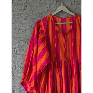 Robe longue bohème à rayures rouges, taille empire, respirante, style vintage, avec volants drapés, taille unique, idéale pour les occasions de jour au printemps - Product Image 6