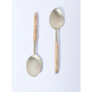 Ensemble de 2 cuillères à couverts en acier inoxydable utilisées dans les ustensiles de cuisine Tabletop Cafe Home Silver Color Plated Cutlery Rotin Handle - Product Image 1