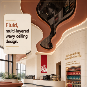Set di Arredamento per Negozio di Caffè con Sedia in Rattan, Bancone ad Arco, Soffitto Ondulato e Parete Scanalata per Caffetteria Specializzata - Product Image 3