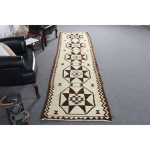 Tradicional Beige Marrón 2,9x11,5 pies Alfombra turca hecha a mano Diseño de retazos Alfombra de noche Lana de látex Viscosa Rectángulo Pasillo - Product Image 4