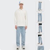 Jeans droits pour hommes, bleu clair, personnalisables avec logo OEM, 100% coton, adoucissants, respirants, grandes tailles, style urbain, délavage clair
