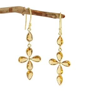 Cheap Wholesale Supplier Faceted Pear Citrine Quartz Gold Plated Ear Wire Earrings Multi Stone Bezel Setting Drop Dangle Earring
