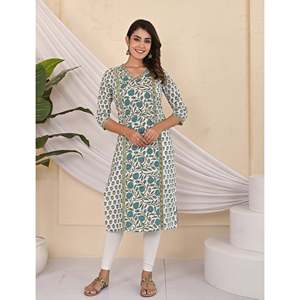 Cotton <b>Block</b> <b>Printed</b> Sea Green Jaal Kurti Traditional Indian Ethnic Floral <b>Printed</b> Long Stitched Rayon Daily Wear for Party - Product Image 1