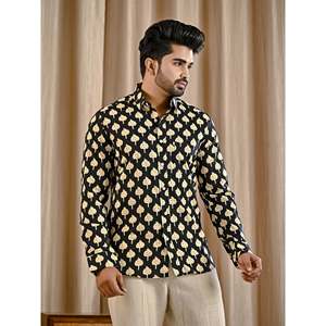Chemise décontractée noire 100 % coton imprimée avec col mandarin, manches longues, tissu popeline, style smart décontracté, respirante et tendance - Product Image 4