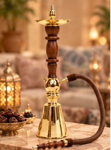 Handmade Traditional Style Table Top Double Ring <b>Hookah</b> Washable Hose | Customizable Wooden Stem Brass <b>Shisha</b> Decorative <b>Hookah</b> - Product Image 2