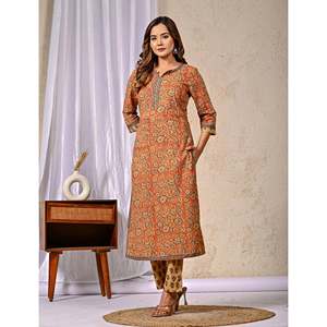 Orange Jaal Hand Drawn <b>Block</b> <b>Printed</b> Cotton Kurta Pant Set Heavy Net Indian Pakistani for Daily Wear Parties Ethnic Occasions - Product Image 4