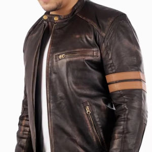 Chaqueta de Motociclista de Cuero Marrón Desgastado para Hombre con Rayas de Carreras - Product Image 3
