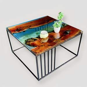 Nueva Mesa de Comedor Cuadrada de Resina Hecha a Mano, Moderna y de Lujo, con Base de Madera de Acacia Sólida, Personalizable, con Elegante Diseño de Río, Decoración Artística - Product Image 1