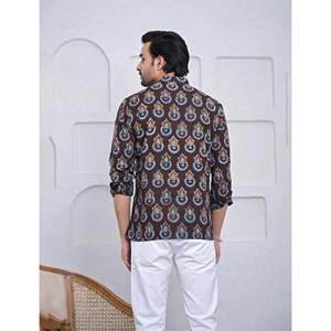 เสื้อคุर्ตาผ้าฝ้ายพิมพ์ลายลำลองสำหรับผู้ชาย แขนยาว ผ้าป๊อปลิน ระบายอากาศได้ดี ลายดอกไม้ - Product Image 5