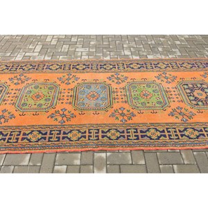 Tapis turc vintage 4,3x11,4 pieds, tapis à carreaux orange - Product Image 3