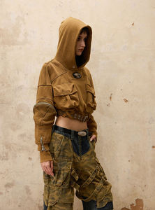 Sweat à capuche amovible à manches longues respirant imprimé délavé à l'acide pour femmes, automne hiver 2024 - Product Image 3