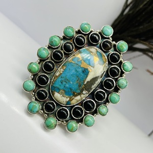 Oyster <b>Copper</b> Turquoise 925 Sterling Silver Vintage Neogothic Bezel Setting Ring Handmade Designer Oval Cut Wedding Party - Product Image 3