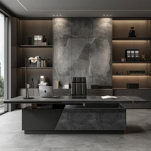 Modern Black Executive <b>Office</b> <b>Desk</b> with Stone Look Panel Large Manager <b>Desk</b> Contemporary CEO Workstation - Product Image 1