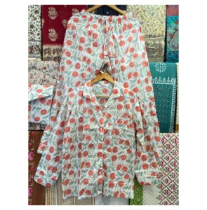 ชุดนอนผ้าฝ้ายอินเดียชุดเสื้อกางเกงสำหรับผู้หญิงพร้อมกระเป๋าชุดกลางคืนผ้าคอตตอนเนื้อนุ่ม100% พิมพ์ลายบล็อคด้วยมือ - Product Image 1