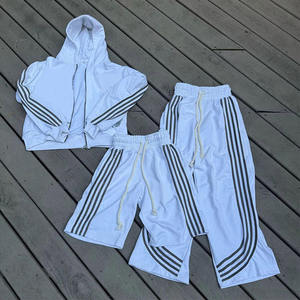 Conjunto de Sudadera con Capucha y Pantalones Deportivos Holgados de Algodón Grueso con Rayas, Estilo Crop Boxy, Lavado Ácido, con Cierre, para Hombre - Product Image 1