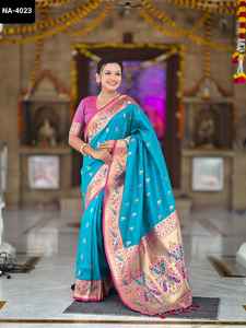 Saree en soie de Pethani doux indien de fantaisie avec la conception de motifs de Zari Weawing Meenakari avec la pièce de chemisier de contraste pour le saree de mariage - Product Image 4