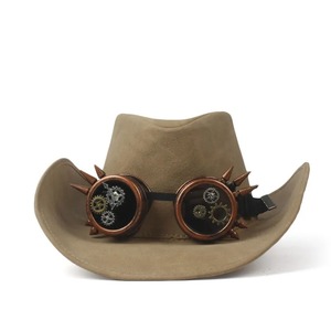 100% Leather <b>Men</b> Steampunk Western Cowboy <b>Hat</b> Gentleman Dad Punk Glasses <b>Fedora</b> Sombrero Hombre Caps Size 58-59CM - Product Image 5