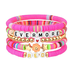 Cute <b>Beaded</b> <b>Bracelets</b> Set With EVERMORE RED Letters Star Heart Flower Charms <b>Gold</b> Plated Acrylic Resin Unisex Gift Jewelry - Product Image 1