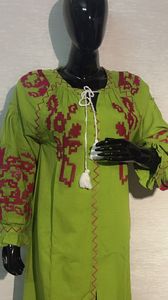 Robe élégante pour femme, style africain, en lin 100%, longueur genou, avec broderie musulmane, dentelle à pois, manches en maille à demi-volants - Product Image 2