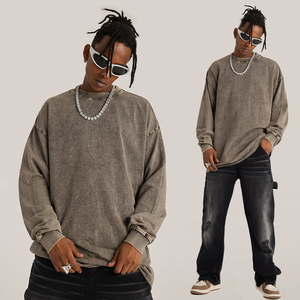 เสื้อสเวตเตอร์ผ้าฝ้ายฟอกสีแบบสวมหัวสำหรับผู้ชายเสื้อสเวตเตอร์คอลูกเรือออกแบบโลโก้ได้ตามต้องการสำหรับฤดูหนาว - Product Image 3