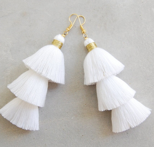 Handmade Magic Pure White Tassel Earrings with Gold Binding Fringe Tassel Earrings - Gold - Long - Product Image 1