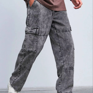 Jean Cargo Denim Pantalon coupe ample à jambe droite avec poches utilitaires, Streetwear décontracté confortable et durable pour tous les jours - Product Image 1