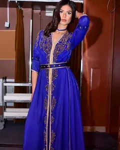 Kraliyet mavi Eid ramazan el işi fas Kaftan Kaftan elbise parti düğün geleneksel fas giyim