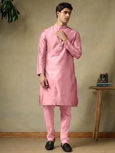 <b>Mens</b> Pink Cotton Silk <b>Kurta</b> Set | Solid Regular Fit <b>Kurta</b> with Matching Pyjama | Breathable Fabric | Comfortable Casual Wear - Product Image 2