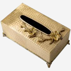 Boîte à mouchoirs en métal doré de qualité supérieure avec accent de fleur blanche Boîte à mouchoirs de table au design antique pour porte-serviettes de table basse - Product Image 3