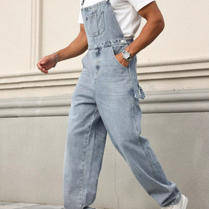 กางเกงยีนส์เดนิมผู้ชายทรงหลวมแบบมีสายเอี๊ยม ดีไซน์ทรงกระบอกแนวตั้ง สไตล์ลำลอง สีน้ำเงิน คุณภาพสูง พร้อมปักโลโก้ตามสั่ง - Product Image 6