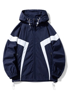 Custom Quality <b>Men</b> Hooded Windbreaker <b>Jacket</b> Navy Blue <b>White</b> Stripe Sporty Style Zipper Closure Loose Fit Autumn Outdoor Wear - Product Image 1
