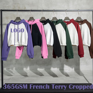 Nueva moda de alta calidad 87% algodón 13% poliéster 365G ropa de mujer pesada bordado personalizado recortado contraste costura sudaderas con capucha - Product Image 2