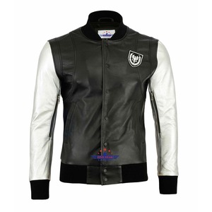 Premium Quality Inspired Varsity <b>Jacket</b> Stylish <b>Mens</b> Black Wool <b>White</b> Leather Sleeve Outerwear - Product Image 3