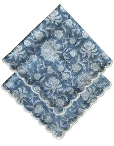 Servilletas de cóctel de tendencia Servilletas de cena Piedra Azul y blanco Floral Bloque de mano Impreso Servilletas bordadas de tela de algodón