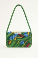 Sac à bandoulière pour femme, style bohème, orné de perles faites à la main, avec des fleurs colorées sur fond vert, fermeture magnétique et doublure en satin
