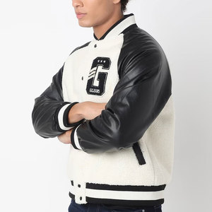 Men Varsity <b>Jacket</b> <b>Fleece</b> <b>Lining</b> PU Leather Sleeves Embroidered Logo Front Casual Winter Wear - Product Image 4